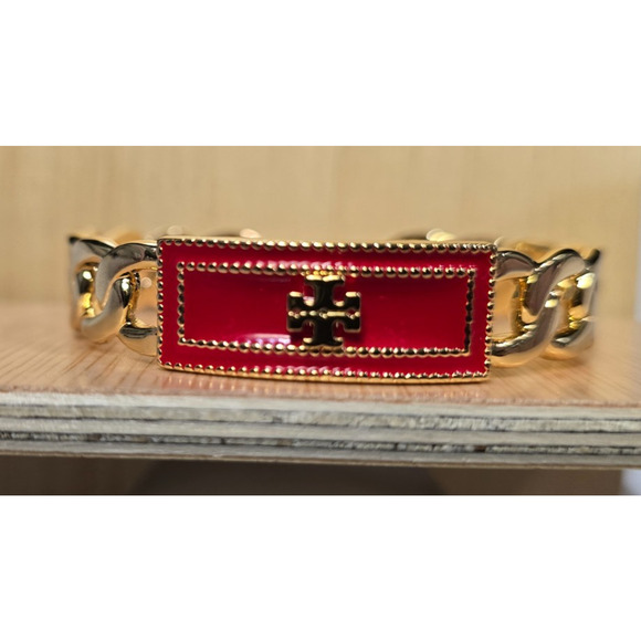 Tory Burch Milgrain Logo Red & Gold Chain Link Cuff Bangle NWOT - Picture 2 of 3